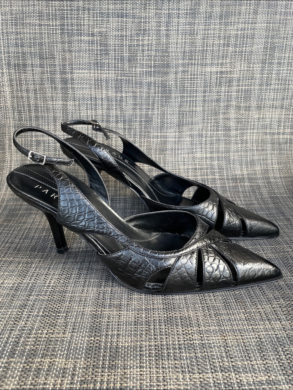 Parade Black Croc-Embossed Pointed Toe Slingback Heels Leather Shoes Women’s 7.5